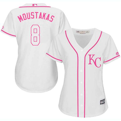 Royals #8 Mike Moustakas White/Pink Fashion Women's Stitched MLB Jersey - Click Image to Close